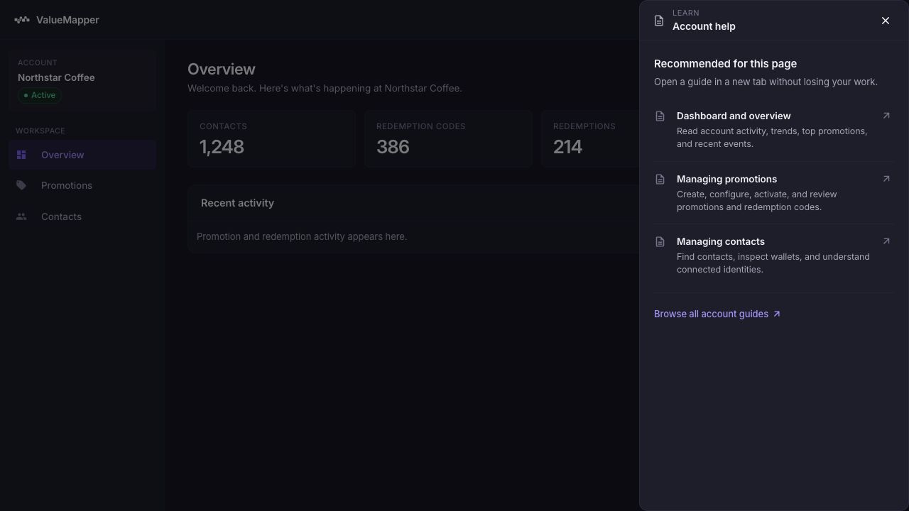 The Learn panel open on an anonymised ValueMapper account overview